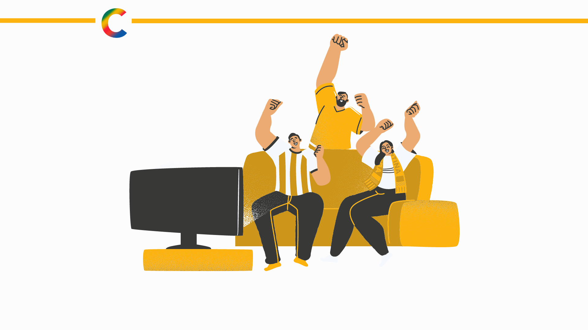 Desenho de um grupo de pessoas sentados em um sofá, de frente para uma televisão e comemorando